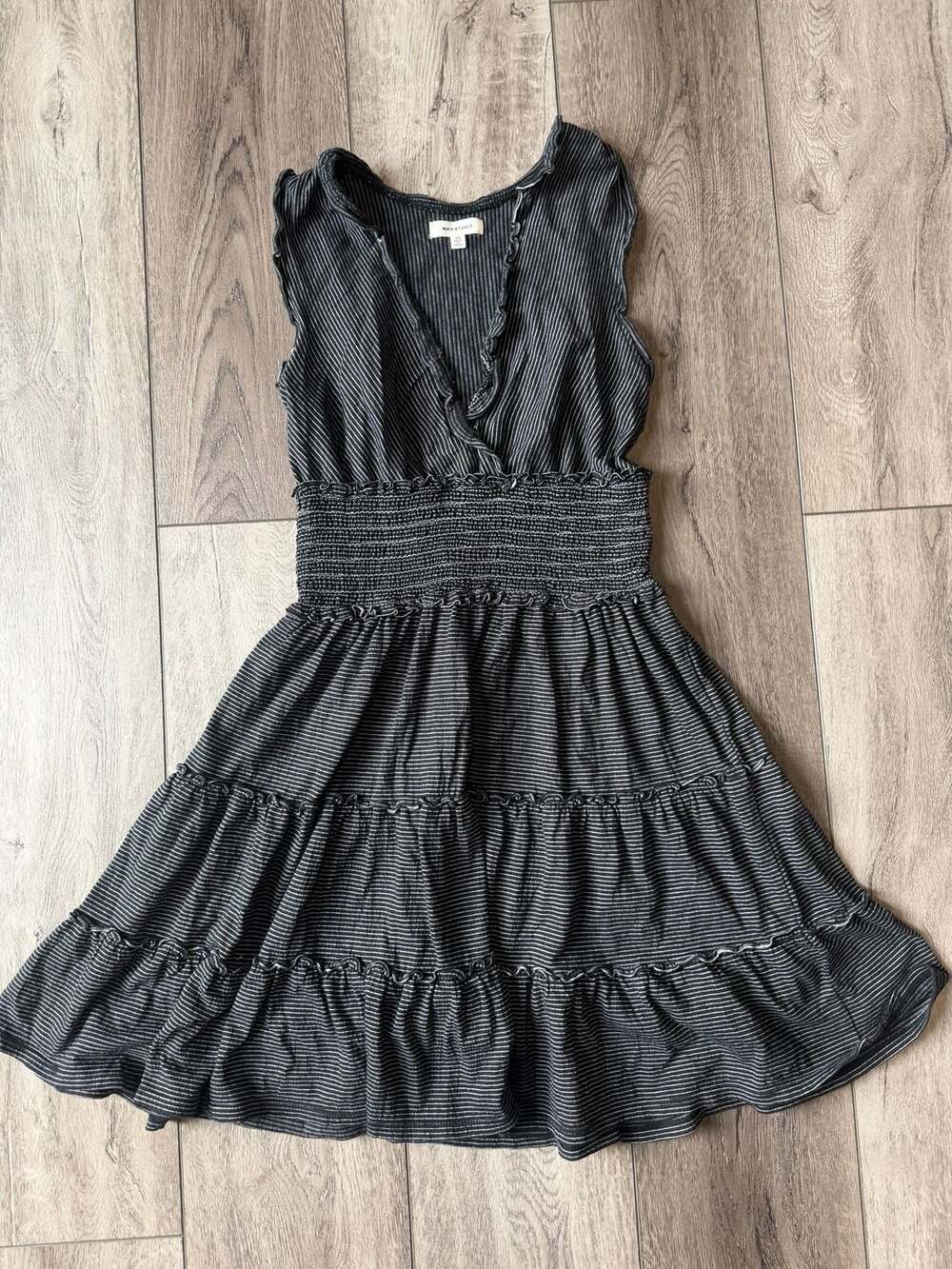 Max Studio Dress Size XS Black White Stripe Smocked Ruffle